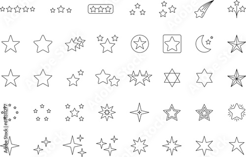Stars line icons set. Rank, quality, shining sparkle, magic, favorite, logo, bright firework, falling, fantasy vector illustration.