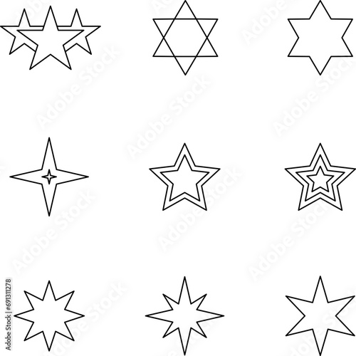 Stars line icons set. Rank, quality, shining sparkle, magic, favorite, logo, bright firework, falling, fantasy vector illustration.