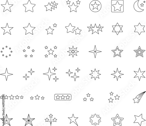 Stars line icons set. Rank, quality, shining sparkle, magic, favorite, logo, bright firework, falling, fantasy vector illustration.