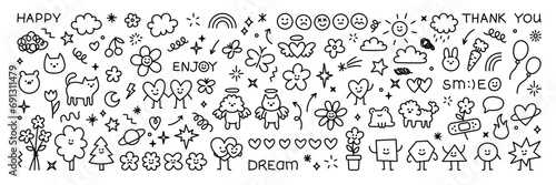 Cute kid scribble doodle icons set. Sun flower heart cat dog rainbow cloud smile elements sign and symbols in children drawing style. Hand drawn childish funny simple vector illustrations.