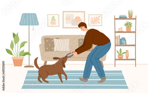 happy pet owner with dog in cozy interior of living room. Pet sitter and friendly service concept. People playing, cuddling with animal friends at home. Colored flat hand drawn vector illustration.