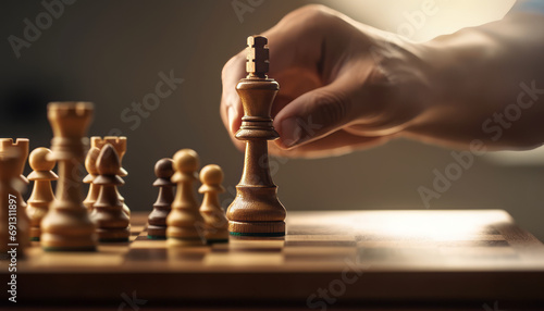 Close-up of a hand making a decisive move with a chess piece ,generative ai photo