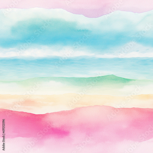 Seamless pattern. Soft watercolor landscape with layered pastel waves creating a tranquil horizon.
