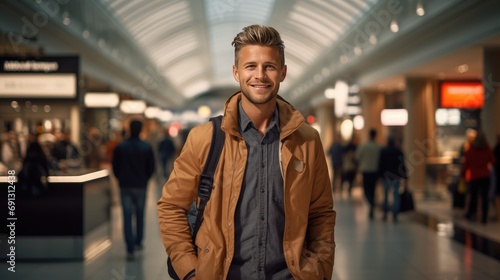 Front view portrait of young male traveler holding a suitcase in the airport. Male businessman traveling by plane