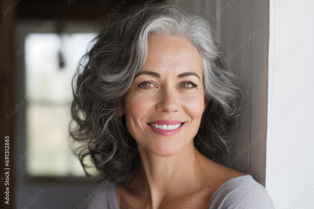 a woman with grey hair and a smile a woman with grey hair and a smile