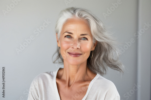 a woman with grey hair and a white shirt