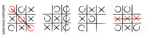 Tic tac toe xo game hand drawn grid doodle template vector illustration set isolated on white background