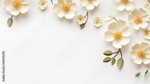 Paper cut flowers and leaves  Fresh spring nature background. Floral banner  poster  flyer template with copy space.