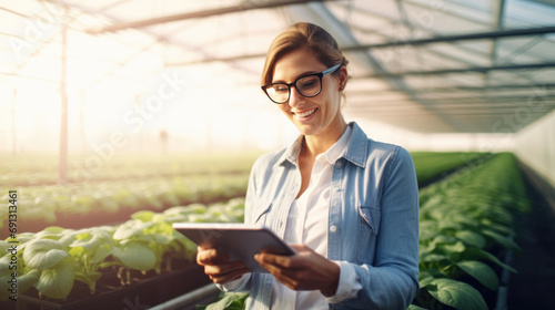 A woman farmer stands with a tablet in the greenhouse checking plant readings