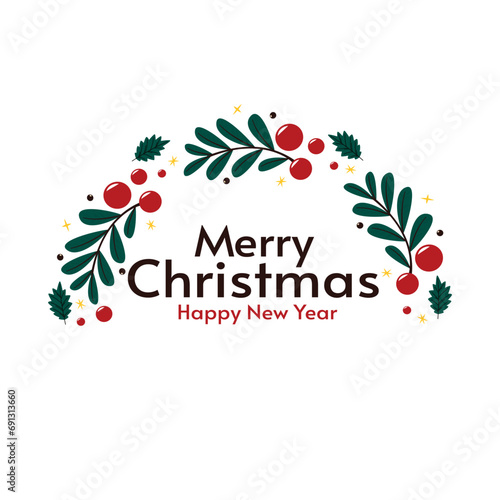 Merry Christmas banner. Christmas holly berry leaves isolated. Cute holly isolated on white background. Vector illustration. Template.