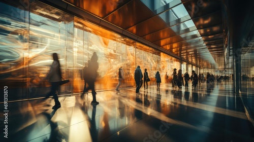 Blurred figures of people in a crowd running and rushing to the metro public transport in the bustle of a big city photo