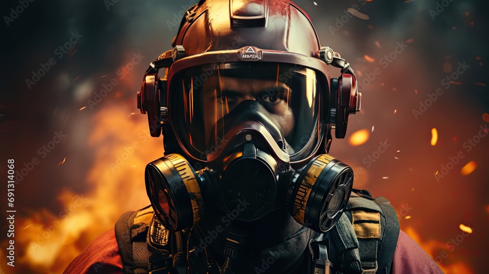A fireman in a helmet, protective helmet and mask in a fireproof suit extinguishes a fire and saves people