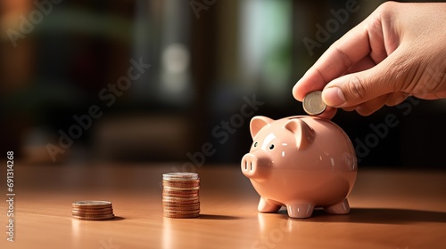 A close-up photo of a hand placing a coin into a shiny copper-colored piggy bank, with a pile of coins scattered on a wooden surface in the background.