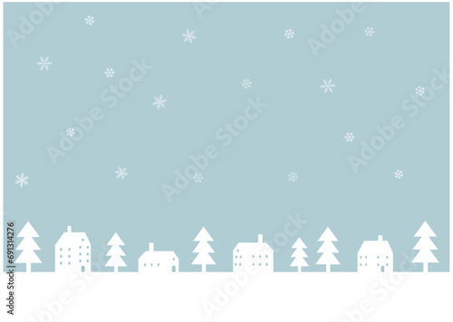 雪の降る冬の街並みの背景フレームイラスト