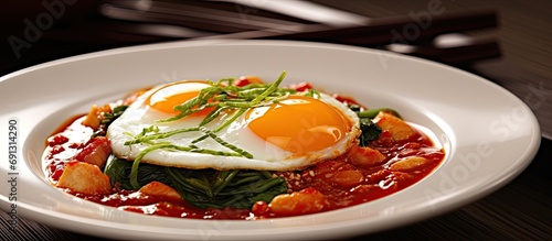 background of the restaurant, a white plate filled with a healthy Chinese meal caught my eye the leafy green vegetables, the red cooking sauce, and the perfectly cooked egg combined to create a
