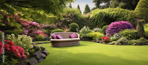 English large landscape garden with African lilies, hedges, fences, lawn, pond, and furniture. photo