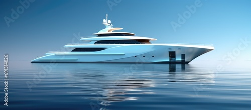 A sleek superyacht with a prominent bulbous bow and radar antennas, displaying an impressive front view from the water level.