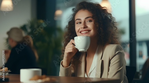 a beautiful young businesswoman savoring warm coffee sitting in the office. generative AI