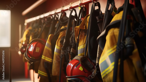 Firefighters gear hangs on hooks, Safety suit for firefighters ,generative ai