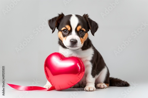 Cute little dog with a Red Heart a balloon. Happy Valentine's Day. © whitecityrecords