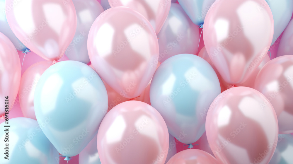 Many pink and blue balloons flying in the air
