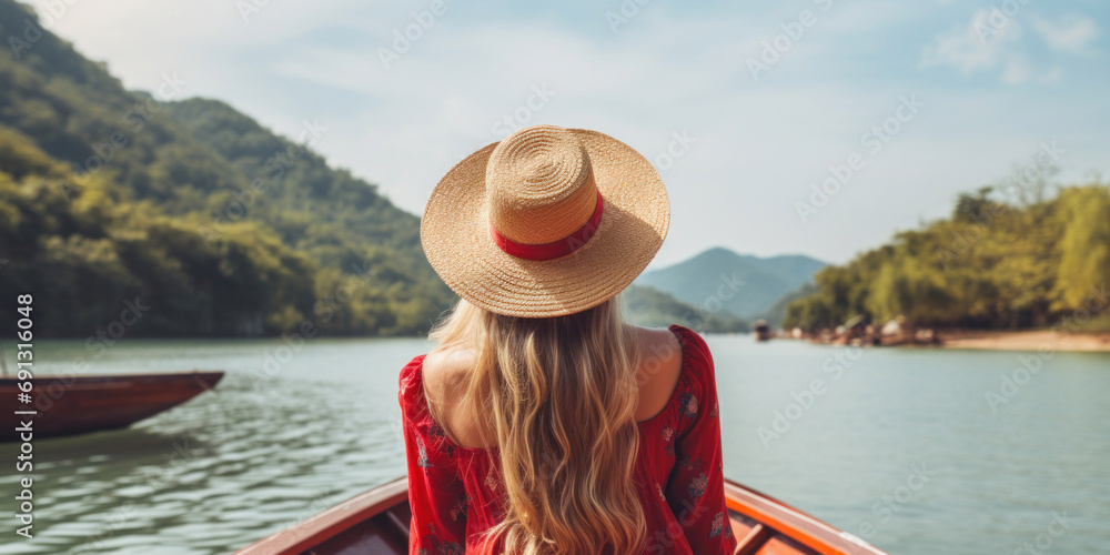 Beautiful young woman in a red dress and a straw hat on a boat in the lake.