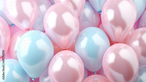 Many pink and blue balloons flying in the air