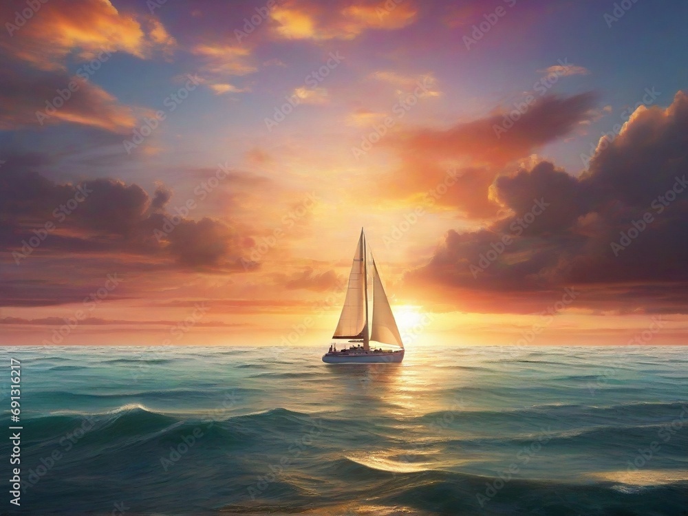 sailing amidst a colorful sunset on the open sea.