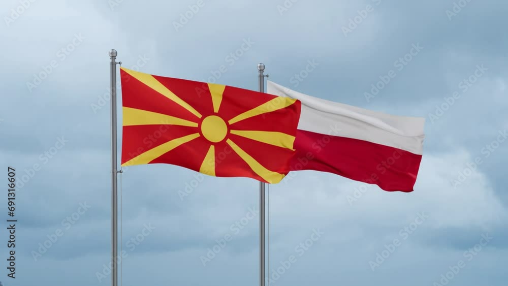 Poland and North Macedonia flag waving together on cloudy sky, endless seamless loop, two country cooperation concept Poland and North Macedonia flag waving together on cloudy sky, endless seamless loop, two country cooperation concept