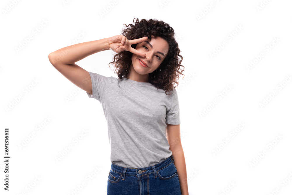 slim curly woman with black hair dressed in casual gray t-shirt with mockup for print on white background slim curly woman with black hair dressed in casual gray t-shirt with mockup for print on white background