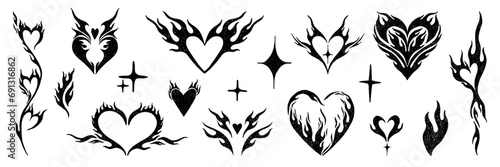 Set of hand drawn y2k style flame tribal elements, star, fire, heart shape. Trendy grunge scrawl icon for stickers. Freehand pencil drawing vector illustration.