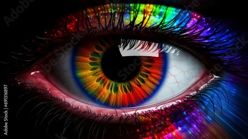 vibrant iris animation concept: rainbow lines burst from bright binary circle, creating a multicolored human eye effect - 3d render