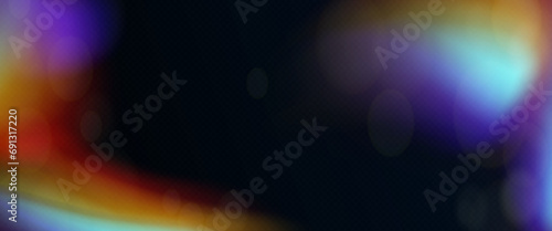 Black background with abstract iridescent gradient. Vector realistic illustration of damaged dusty photo film texture, blurred surface, light leak bokeh effect, vintage footage, retro flare glow