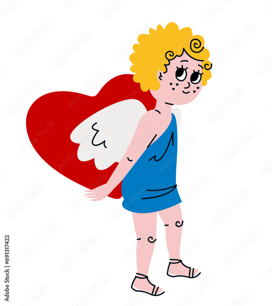 Cupid hiding heart behind his back. Cute character in doodle style. Cupid hiding heart behind his back. Cute character in doodle style.