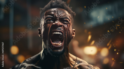 Black boxing man passionately screaming in the ring after fighting rival ,generative AI © Chanya2498