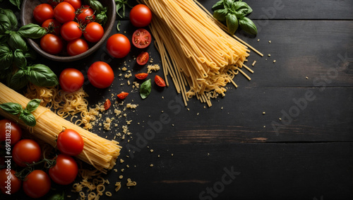 Italian spaghetti on dark black board background, above top view, text copy space, uncooked raw Italian pasta, tomatoes, basil, cooking ingredients on wooden table counter, generative ai
