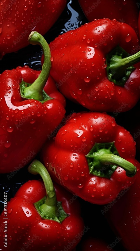 AI illustration of a selection of ripe red bell peppers with water droplets. AI illustration of a selection of ripe red bell peppers with water droplets.