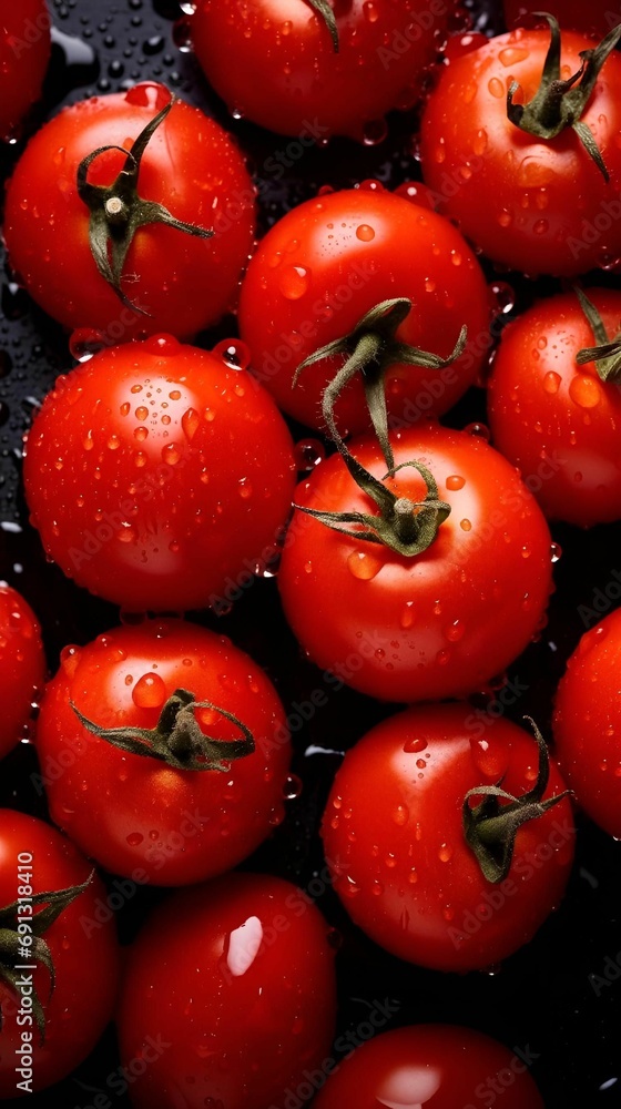 AI illustration of an array of juicy tomatoes glistening with water droplets. AI illustration of an array of juicy tomatoes glistening with water droplets.