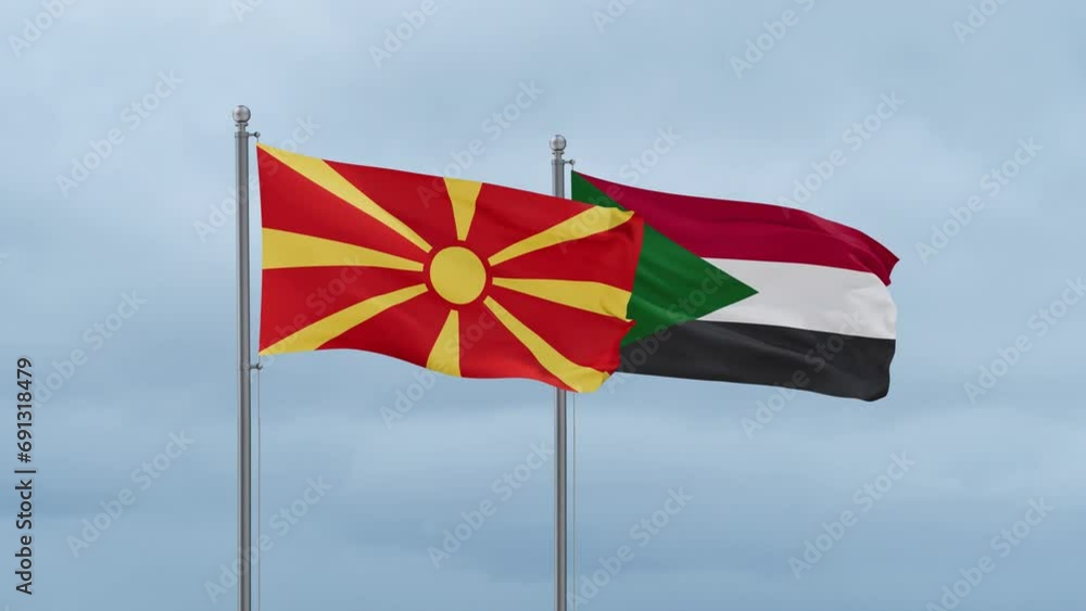 Sudan and North Macedonia flag waving together on cloudy sky, endless seamless loop, two country cooperation concept Sudan and North Macedonia flag waving together on cloudy sky, endless seamless loop, two country cooperation concept