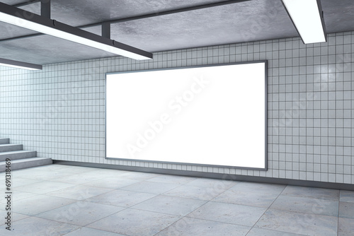 Modern underground passage with empty mock up billboard, ceiling lamps and stairs. Subway tile wall. 3D Rendering. photo