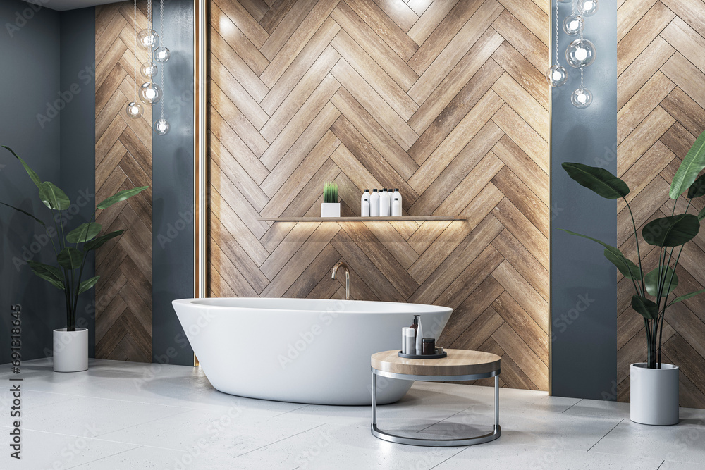 Elegant bathroom with white freestanding tub and wood panel wall. 3D Rendering - obrazy, fototapety, plakaty 