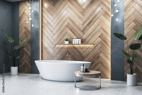 Elegant bathroom with white freestanding tub and wood panel wall. 3D Rendering