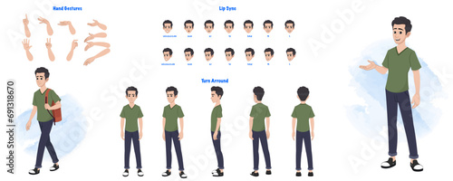 A, Indian student character model sheet. School boy creation set. Student turnaround sheet, hand gestures, lip sync