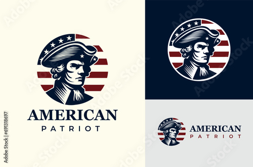 Silhouette of a Facing American Patriot. Vintage United States Revolutionary War Army Soldier with American Flag Background Circle Illustration Design photo