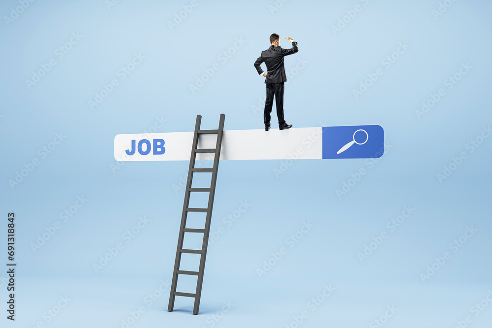 Businessman on JOB search bar with a telescope, career search and vision Businessman on JOB search bar with a telescope, career search and vision