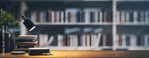 Stylish workspace with reading lamp and book stack, library scene. Creative study environment. 3D Rendering photo