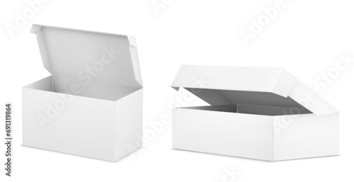 White open cardboard box mockup. Realistic vector illustration set of blank carton package for delivery or gift concept. Rectangular paper pack mock up for corporate and brand presentation.