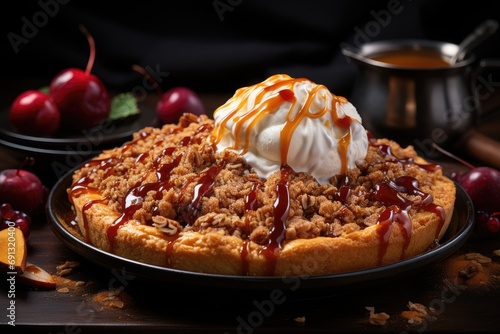 Fall traditional pies pumpkin, pecan and apple crumble pie overhead shot photo