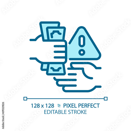 2D pixel perfect editable blue corruption icon, isolated monochromatic vector, thin line illustration representing economic crisis.