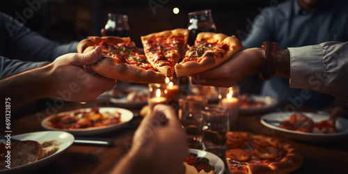 "Slice into happiness—home pizza party with friends, where laughter is the perfect topping, making every bite a taste of joy."
